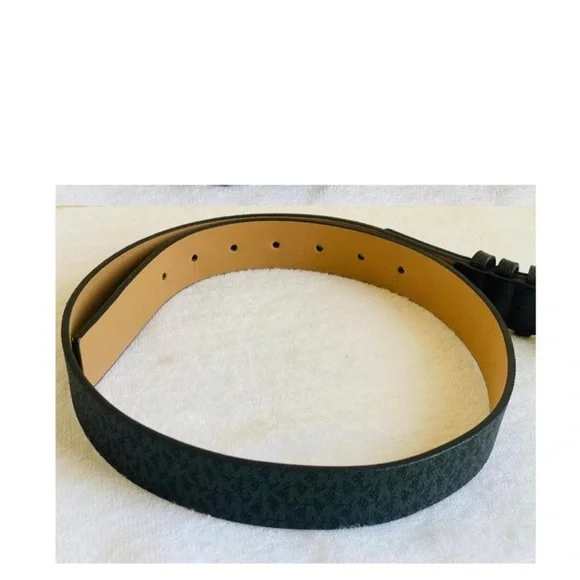 MICHAEL KORS BELT BLACK WITH PRINTED MK LOGO TRIPLE BELT LOOP W/ STUDS BLK - Picture 9 of 13